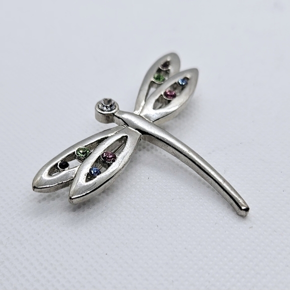 Silver Tone Dragonfly Brooch with Colored Rhinestones - Picture 3 of 3